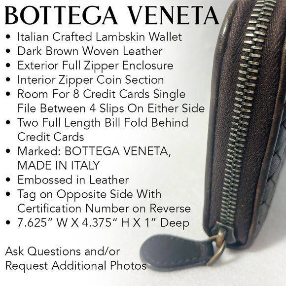 Bottega Veneta Intrecciato Weave Lambskin Full Zip Long Dark Brown Wallet - Picture 3 of 16